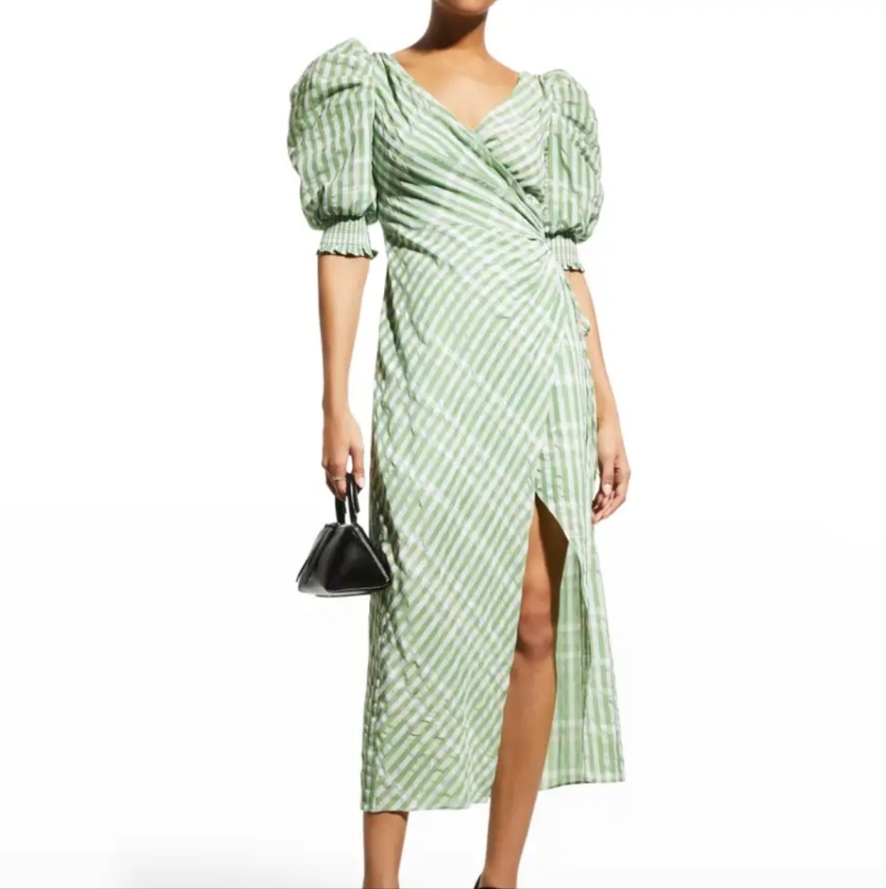 cinq a sept Light Green and White Striped Wrap Midi Dress